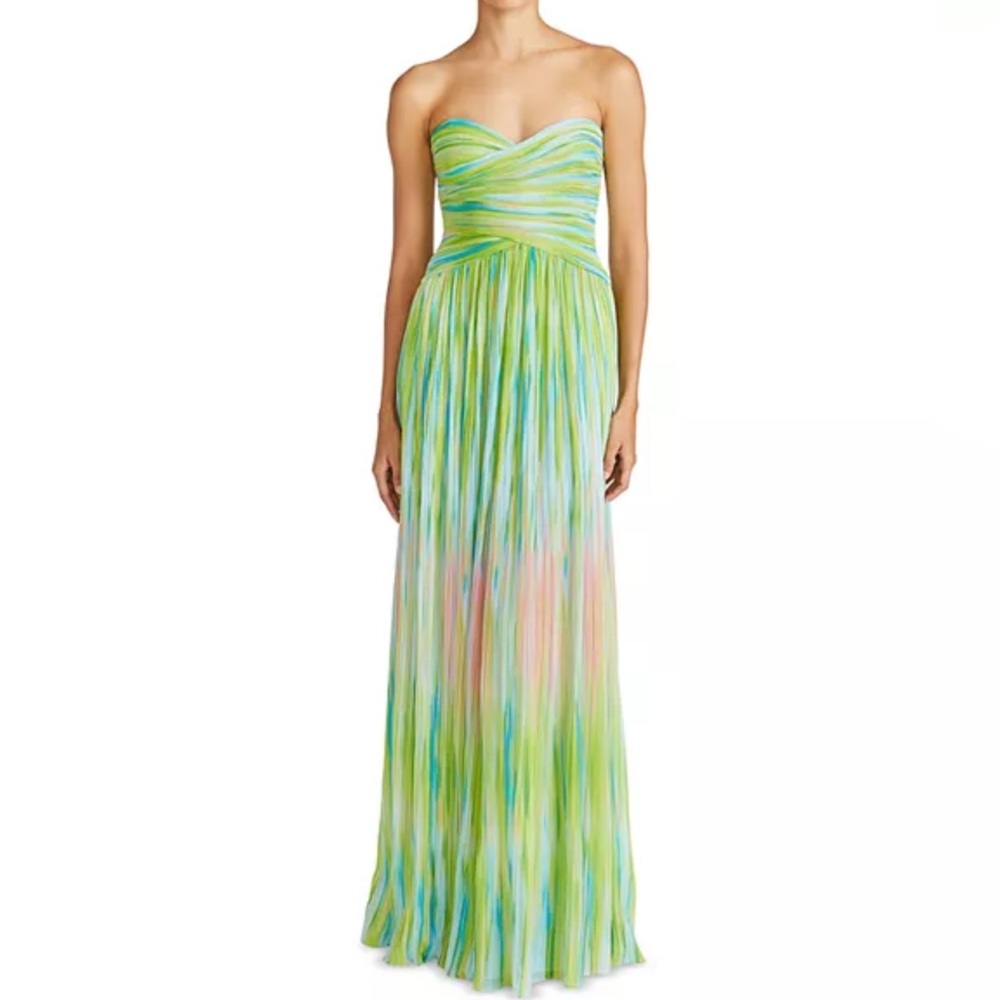 ‼️‼️ISO‼️‼️ ML Monique Lhuillier Mila Pleated Print Strapless Chiffon Gown